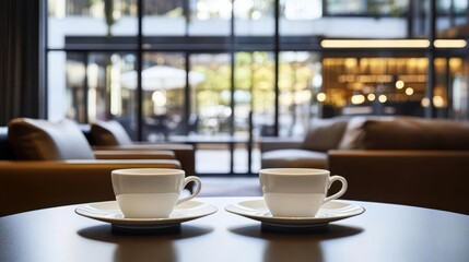 Common settings of cafe interior with a pair of coffee cups on a small table
