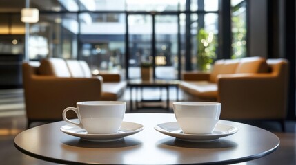 Common settings of cafe interior with a pair of coffee cups on a small table