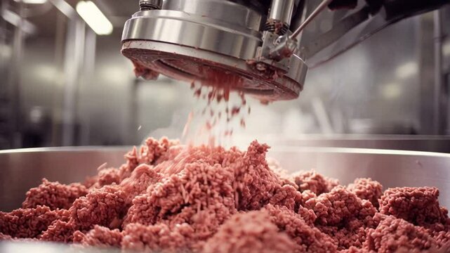 Industrial mincing machine mixing ground meat in a food processing plant