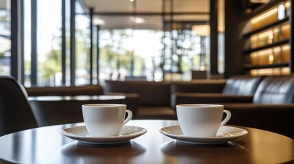 Common settings of cafe interior with a pair of coffee cups on a small table