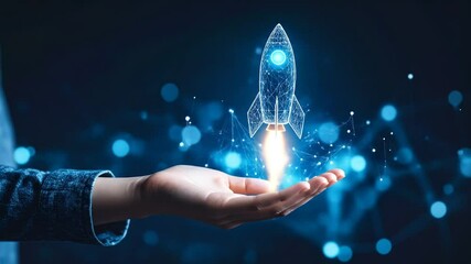 Concept of new technologies and startup business idea with polygonal rocket on hand - Powered by Adobe