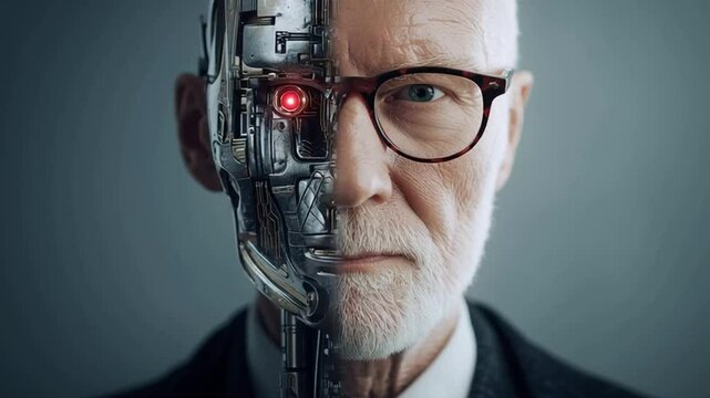 A futuristic concept shows a man partway merged with AI, representing evolution in technology and consciousness.
