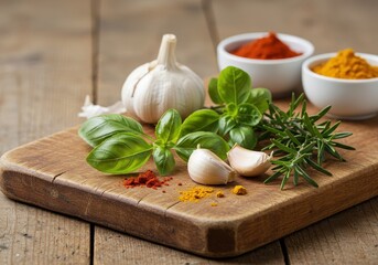 Fresh Culinary Herbs and Garlic on Wooden Cutting Board with Spices in Bowls for Flavorful Cooking Dishes