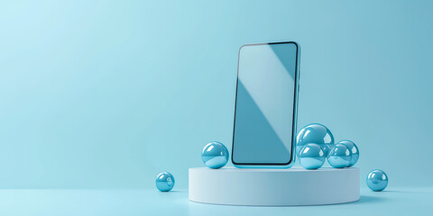 スマートフォンとシンプルな展示ステージ：ミニマルな未来感