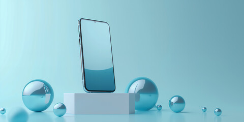 スマートフォンとシンプルな展示ステージ：ミニマルな未来感