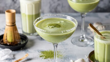 A creamy Matcha martini served in a martini glass. The surface is lightly sprinkled with a thin layer of matcha powder. An ice-cooled glass creates a slight frosty effect.