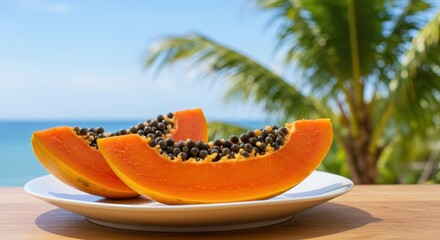 Fresh Papaya Slices on a Plate with Tropical Background and Ocean View