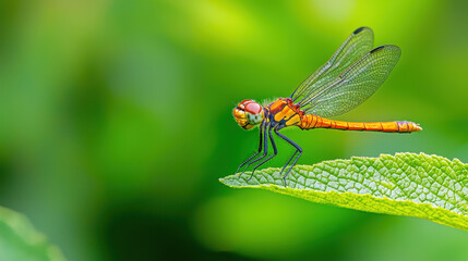 Vibrant dragonfly perched on green leaf, showcasing its colorful body and delicate wings against blurred green background