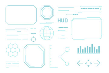 A futuristic user interface screen elements set featuring HUD, UI, and GUI is available for a high-tech video game screen, complete with abstract virtual graphics and a touch interface in a cyberpunk