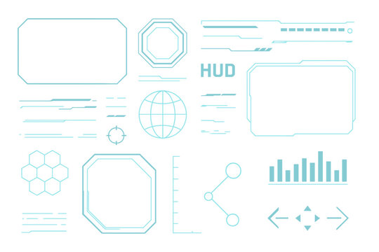 A futuristic user interface screen elements set featuring HUD, UI, and GUI is available for a high-tech video game screen, complete with abstract virtual graphics and a touch interface in a cyberpunk