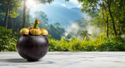 Fresh Mangosteen Fruit with Lush Green Forest and Soft Natural Light Background in a Stock Photo Setting