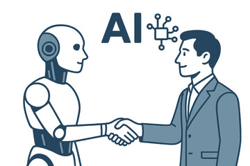 Naklejka premium Ai or vector concept featuring a robot and human handshake facilitated by ai, representing a future of collaborative innovation and technological advancement