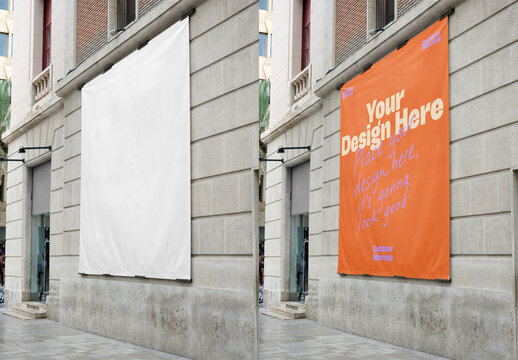 Mockup of A blank billboard mounted on a stone wall in an urban setting awaits an advertising design for promotional activities.