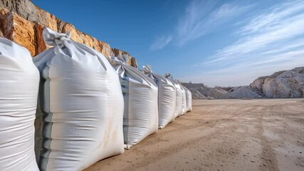 The bulk storage bags sit on gravel ground, storing materials used for building and infrastructure projects.
