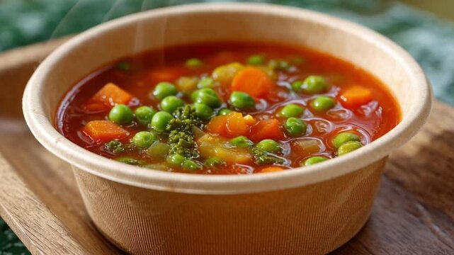 A warm serving of vegetable soup sits in a compostable bowl, combining comfort food with environmental responsibility.
