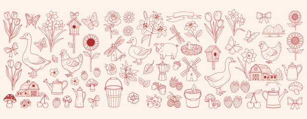 Vintage hand drawn cute cottagecore elements in sketch style. Line art. Flowers, bows, barn, goose, strawberry, butterfly. Gardening and country lifestyle. Vector spring summer illustration.