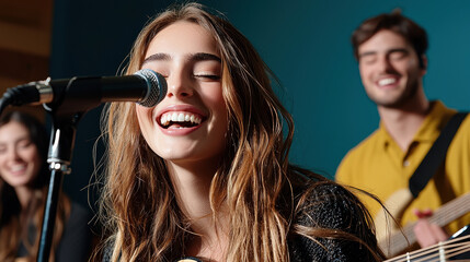 Joyful singer performs passionately with microphone, surrounded by musicians. vibrant atmosphere captures essence of live music