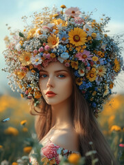 Fantasy Portrait of a Woman in a Meadow with an Abundant Wildflower Crown