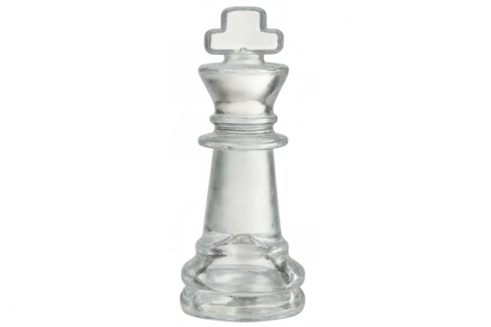 Transparent king chess piece symbolizing strategic leadership, positioned upright against pristine white backdrop