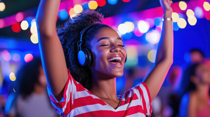 Joyful young woman enjoying music at vibrant party, wearing headphones and surrounded by colorful lights