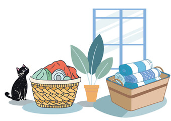 Dirty clothes in laundry baskets and a basket of clean towels next