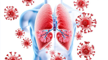 Image depicts human torso with lungs highlighted red, surrounded by representations of virus particles, illustrating impact of viruses respiratory