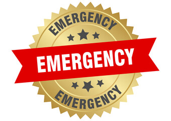 emergency. emergency round red and gold label isolated on transparent background
