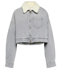 Denim jacket with pleated front detail and buttons isolated on a white background