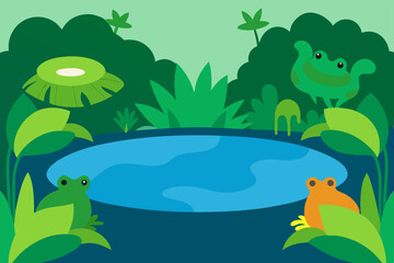 Fototapeta premium Enchanted Pond Cartoon Frogs in Lush Green Habitat