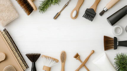 Natural beauty tools and accessories arranged on light wooden surface, creating serene and organized atmosphere for self care