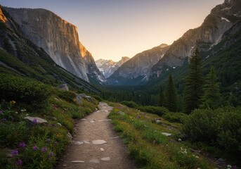 Obraz premium Serene Mountain Trail at Sunset Surrounded by Lush Greenery and Majestic Peaks in a Picturesque Valley