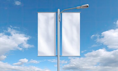 Two blank white vertical banners hang from a streetlight pole against a partly cloudy blue sky