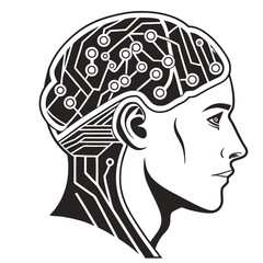 AI Brain Logo Monoline Neural Network in Black & White Vector