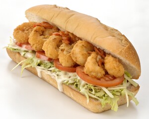 Fried shrimp po boy sandwich whole on clean white background