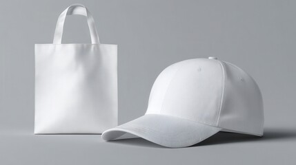 White tshirt cap and tote bag mockup display.