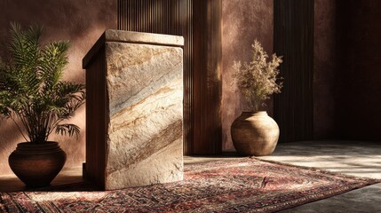 small textured podium on cultural rug, traditional meets modern 