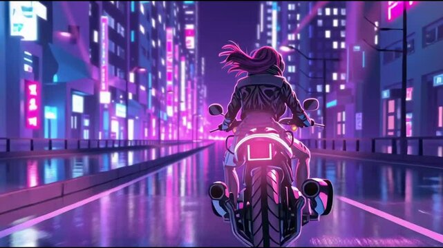 Motorbike Girl in Neon Future City