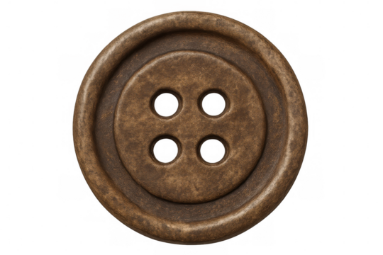 Brown sewing button with four holes, positioned on transparent backdrop, serving garment design and crafting needs