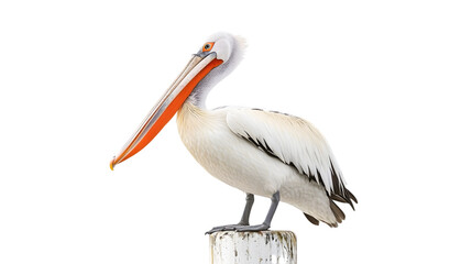 A pelican with orange beak standing on a white wooden post alone on transparent background png