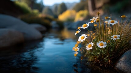 Daisies Bloom Near a Gentle Creek Showcasing Natures Tranquility With White Petals and Yellow Centers a Peaceful Scene Captured in Soft Focus Light