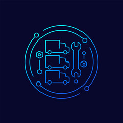 fleet repair icon with trucks and wrench, linear design