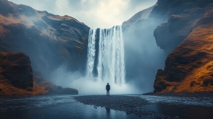 Majestic Low Angle View of Skógafoss Waterfall in Iceland with Figure at Base, Cinematic Wide Shot Natural Lighting