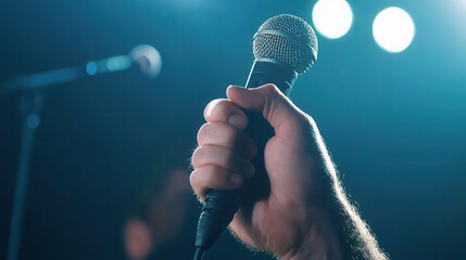 Close up of hand gripping microphone, showcasing intensity of live performance with bright stage lights in background