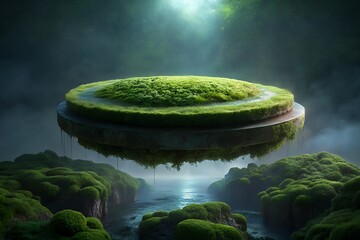 Enchanted floating island with lush green moss and misty river