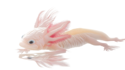 A pale pink axolotl with feathery gills lying on a reflective surface on transparent background png