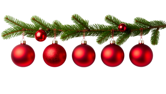 Christmas baubles on tree branch: Festive Christmas baubles suspended from a verdant fir branch, creating a vibrant and joyous holiday atmosphere.