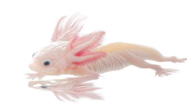 A pale pink axolotl with feathery gills lying on a reflective surface on transparent background png - Powered by Adobe