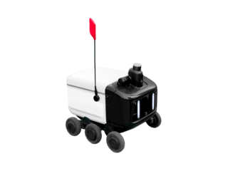 Smart delivery robot with artificial intelligence. Innovative technologies. Autonomous mobile robot for delivery of parcels, food, documents. Cut out 