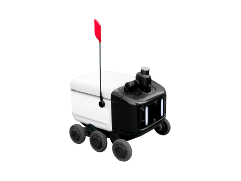 Smart delivery robot with artificial intelligence. Innovative technologies. Autonomous mobile robot for delivery of parcels, food, documents. Cut out 