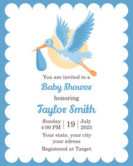 Cute blue baby shower invitation template Stork delivers baby boy